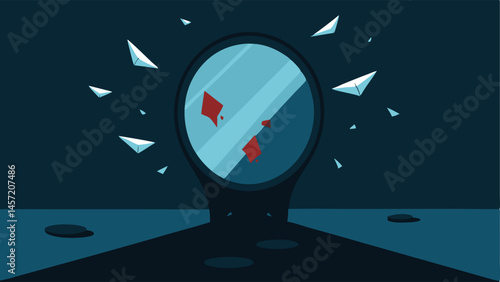 Broken Mirror An illustration of a broken mirror in the middle of a dark room with shadows looming around it symbolizing fear of bad luck. The mirror shards reflect various worried
