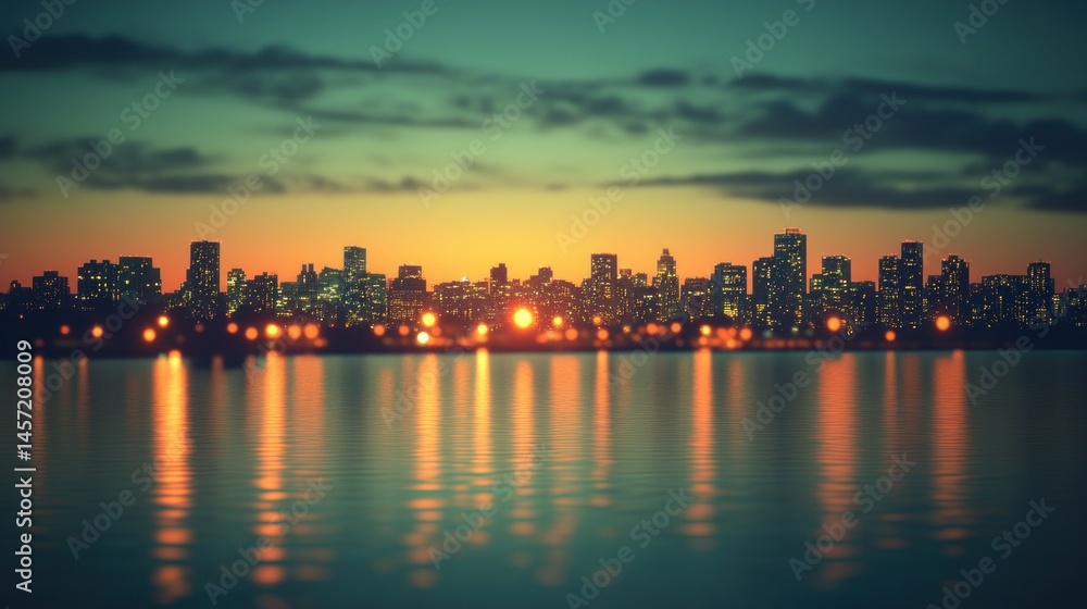 Fototapeta premium City skyline at sunset over water, blurred