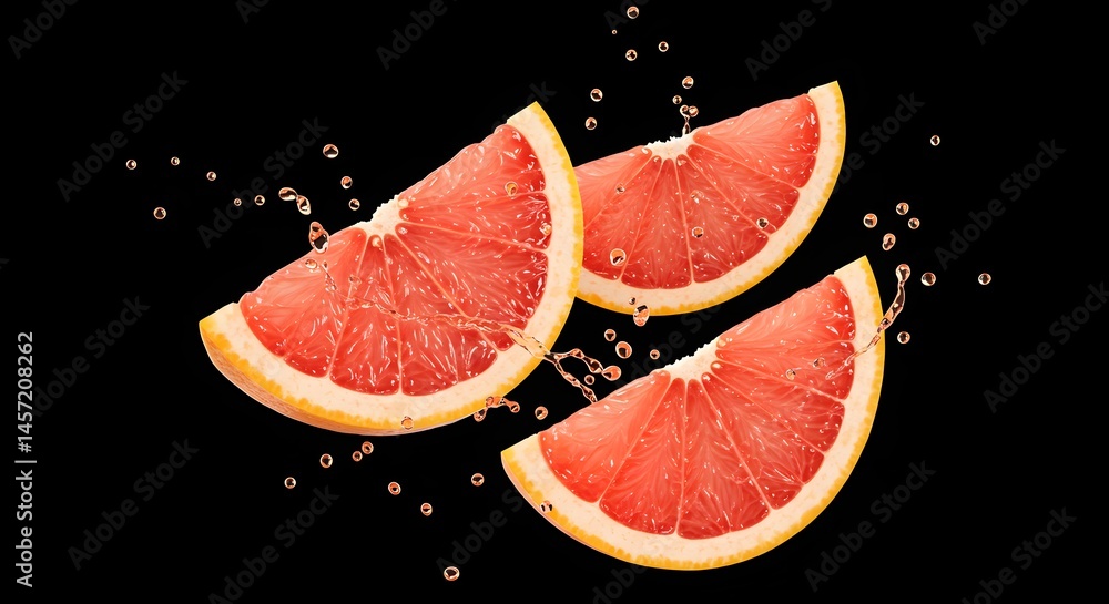 Grapefruit wedges flying with droplets of juice suspended in air, hyper-realistic texture, black clean background
Grapefruit wedges flying with droplets of juice suspended in air, hyper-realistic texture, black clean background