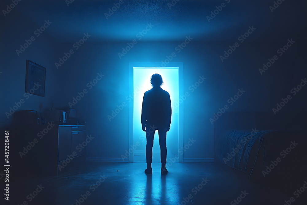 Fototapeta premium Silhouette in a mysterious blue light standing before an open door in a dark room