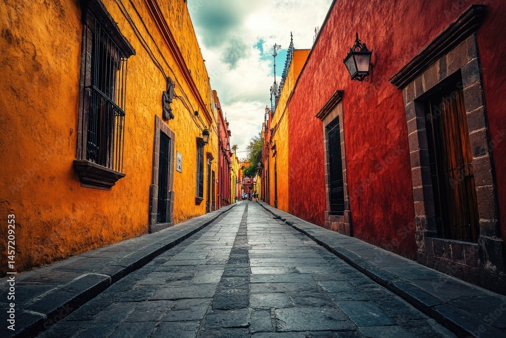 © sofia - Colorful alleyway in a historic Mexican town. Vibrant yellow and red buildings line a narrow street. Stone pavement extends into the distance under a partly cloudy sky © sofia - Colorful alleyway in a historic Mexican town. Vibrant yellow and red buildings line a narrow street. Stone pavement extends into the distance under a partly cloudy sky