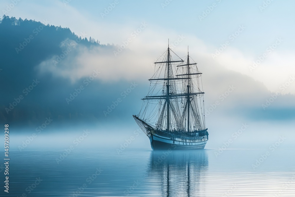 Misty morning scene on a calm lake, with a tall sailing ship. A tranquil, serene atmosphere is created by the soft light and fog Misty morning scene on a calm lake, with a tall sailing ship. A tranquil, serene atmosphere is created by the soft light and fog