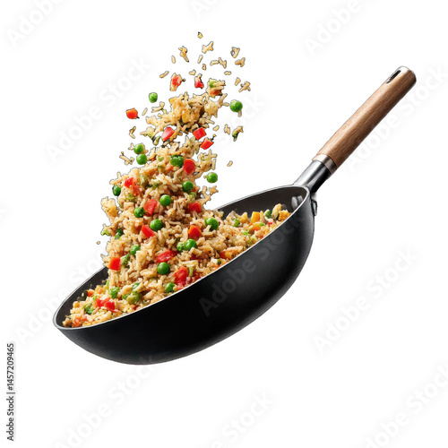 Delicious fried rice recipe in wok cooking asian cuisine food concept on transparent background