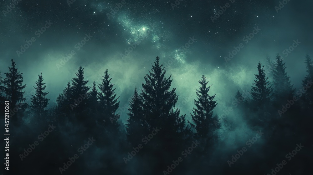 Misty nighttime pine forest under starry sky with distant galaxy views Misty nighttime pine forest under starry sky with distant galaxy views