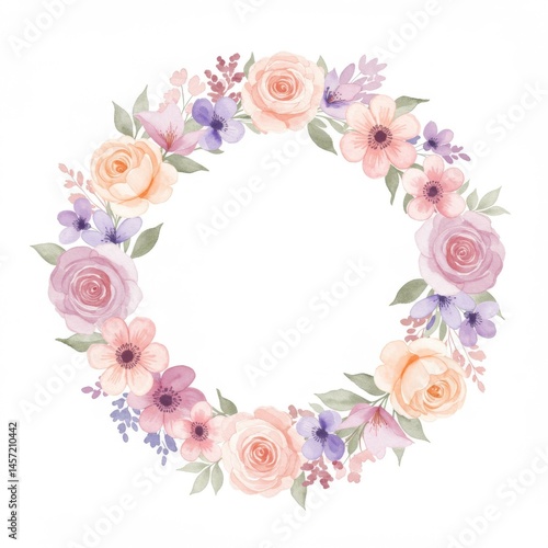 Pastel Watercolor Floral Wreath with Roses and Flowers