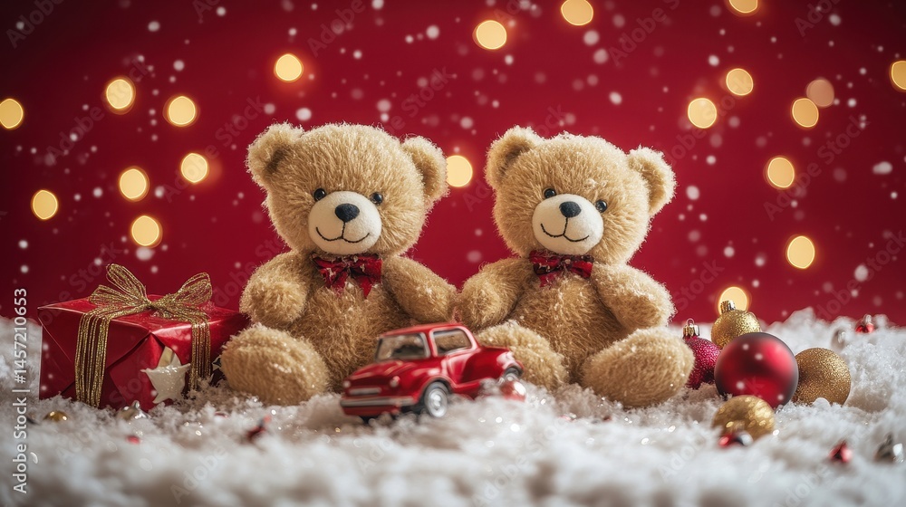 Festive teddy bears with gifts and red car in snowy holiday scene Festive teddy bears with gifts and red car in snowy holiday scene