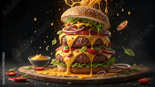 Wallpaper Mural Epic Cheeseburger Explosion with Melted Cheese and Juicy Patties on Dark Background Torontodigital.ca