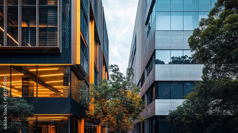 Fototapeta premium Sydney office building showcasing modern architecture, with one side adorned with full glass windows and the other with minimalist concrete elements. 
