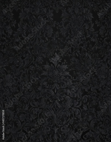 Intricate black gothic damask wallpaper; seamless floral vines , black, antique