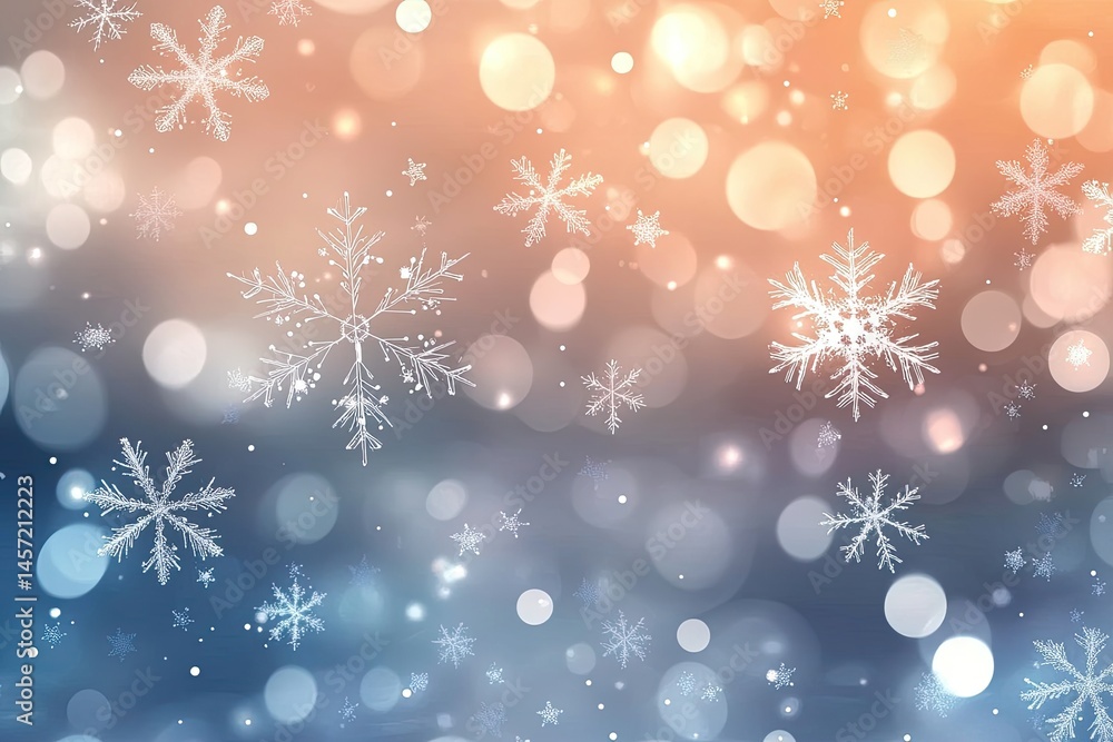 Winter Snowflakes Pattern with Bokeh Effect Soft Orange and Blue Background Winter Snowflakes Pattern with Bokeh Effect Soft Orange and Blue Background