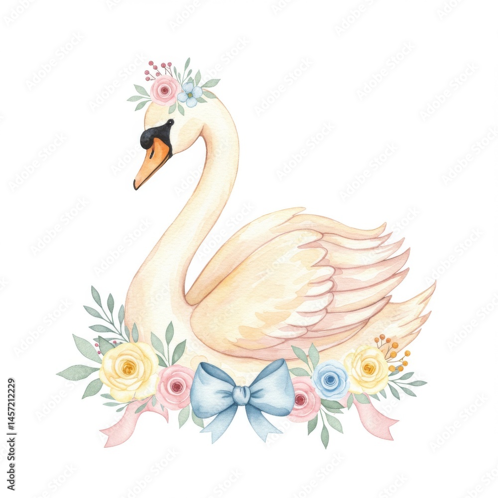 Obraz premium Pastel Watercolor Swan with Floral Crown and Bow