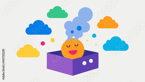 Box of Positivity An open box of brightly colored positive quotes and emojis spilling out with a person nearby covered in grey clouds and feeling suffocated.