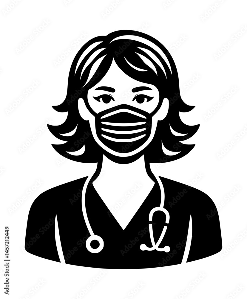 Young Nurse Face Mask Black Vector Icon Logo Young Nurse Face Mask Black Vector Icon Logo