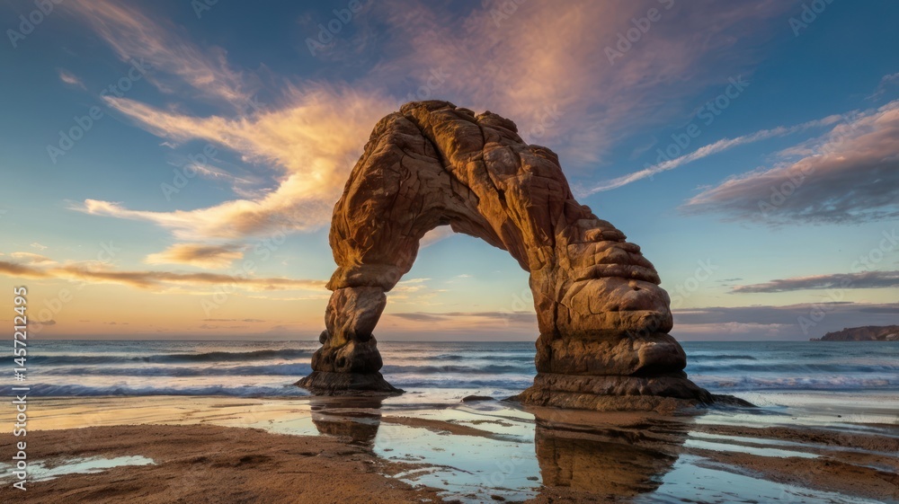 Fototapeta premium Natural arch at sunset over the ocean. Dramatic rock formation reflected in the shallow water