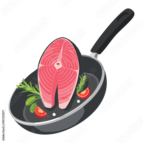 salmon with herbs cooked on frying pan - vector illustration