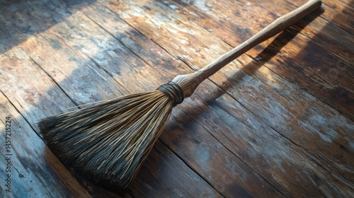 Wallpaper Mural A wooden broom laid on a weathered wooden floor surface Torontodigital.ca