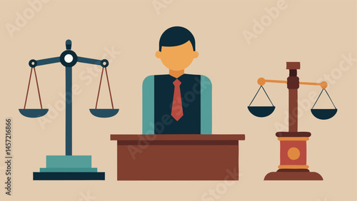 Judicial Symbolism A symbolic representation of justice scales on the judges desk with the gavel raised high signifying the moment of sentencing as the defendant waits.
