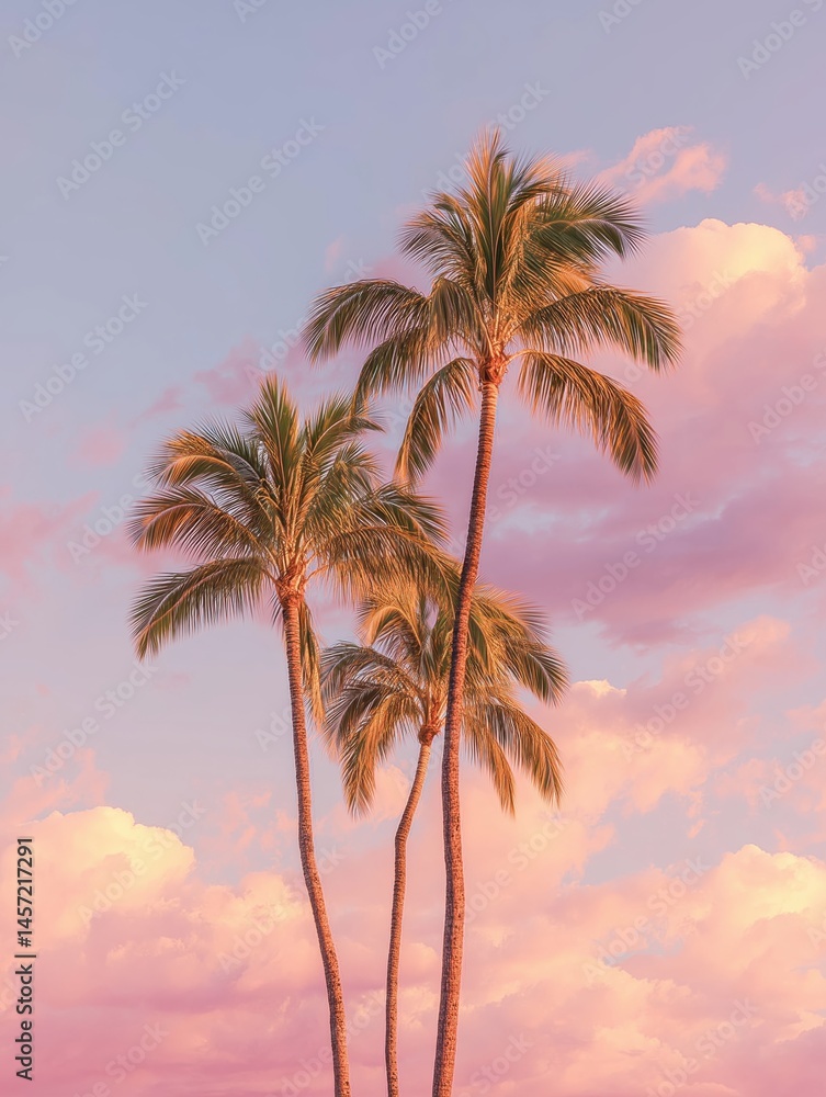 Three tall palm trees standing against a dreamy tropical sky during sunset, their fronds swaying gently in the warm breeze. Three tall palm trees standing against a dreamy tropical sky during sunset, their fronds swaying gently in the warm breeze.