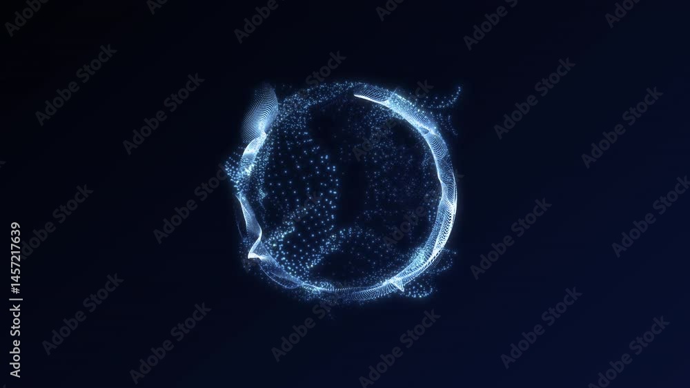 Digital blue particle sphere in motion, abstract 3D glowing data cloud forming dynamic ring shape on dark background, futuristic sci-fi tech animation for visual effects and backgrounds Digital blue particle sphere in motion, abstract 3D glowing data cloud forming dynamic ring shape on dark background, futuristic sci-fi tech animation for visual effects and backgrounds