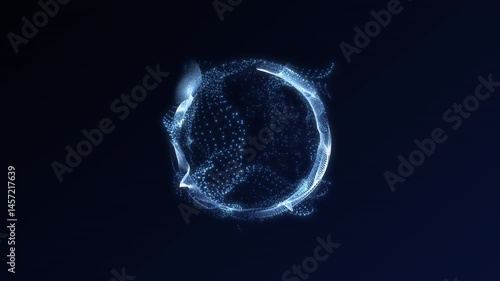 Digital blue particle sphere in motion, abstract 3D glowing data cloud forming dynamic ring shape on dark background, futuristic sci-fi tech animation for visual effects and backgrounds