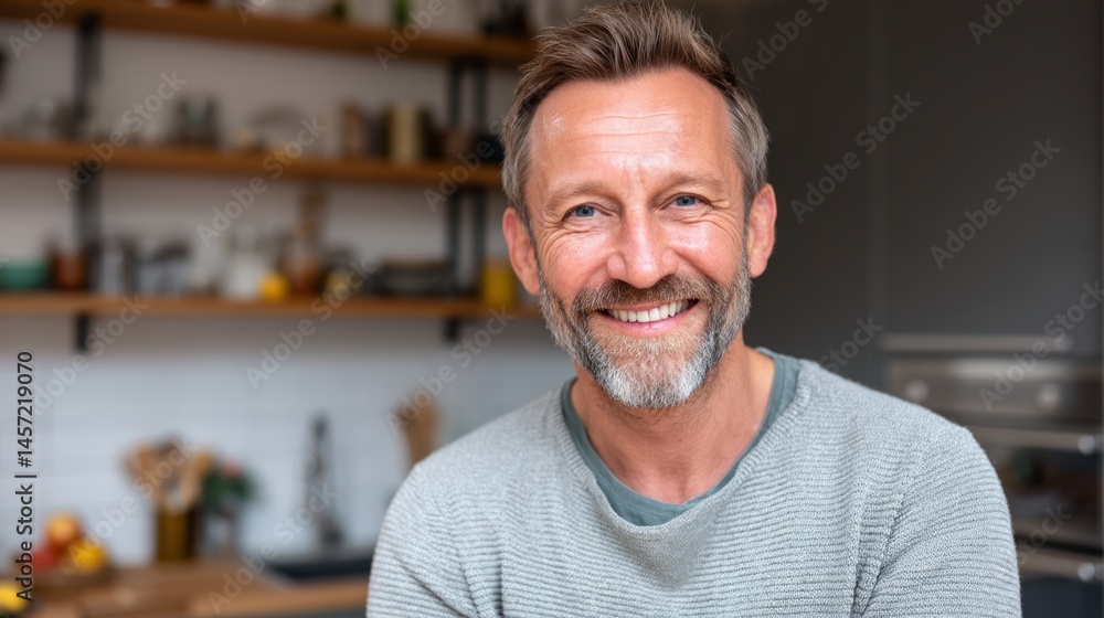 Fototapeta premium Happy man smiling at home, warm and relaxed vibe