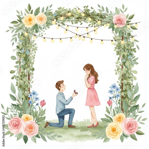 Romantic Couple Engagement Proposal Under Floral Arch