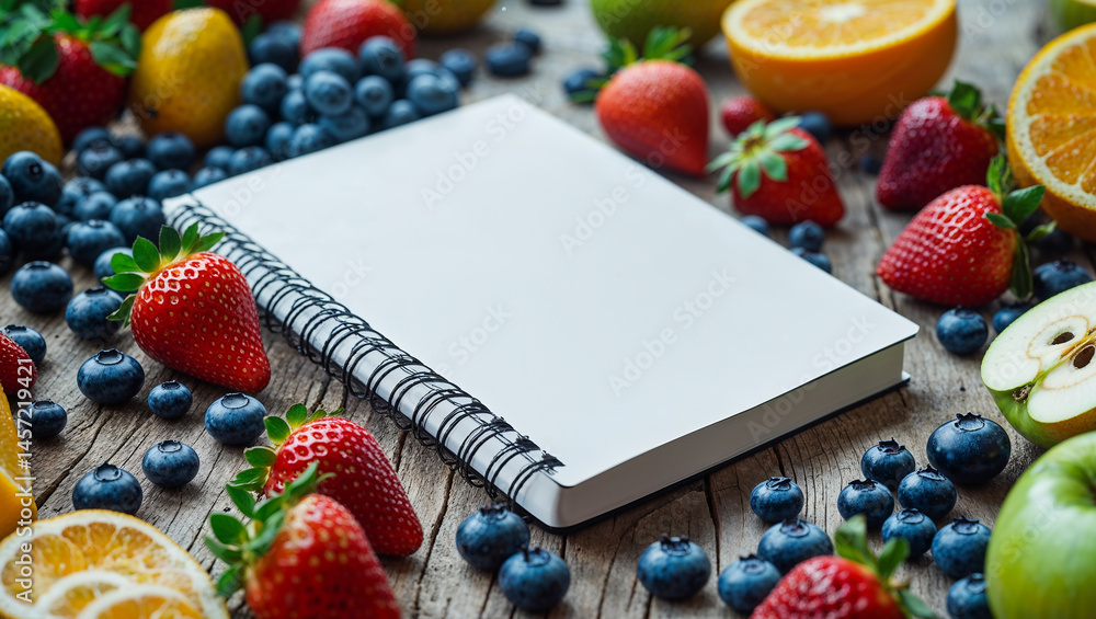 empty notebook, different fruits on the table