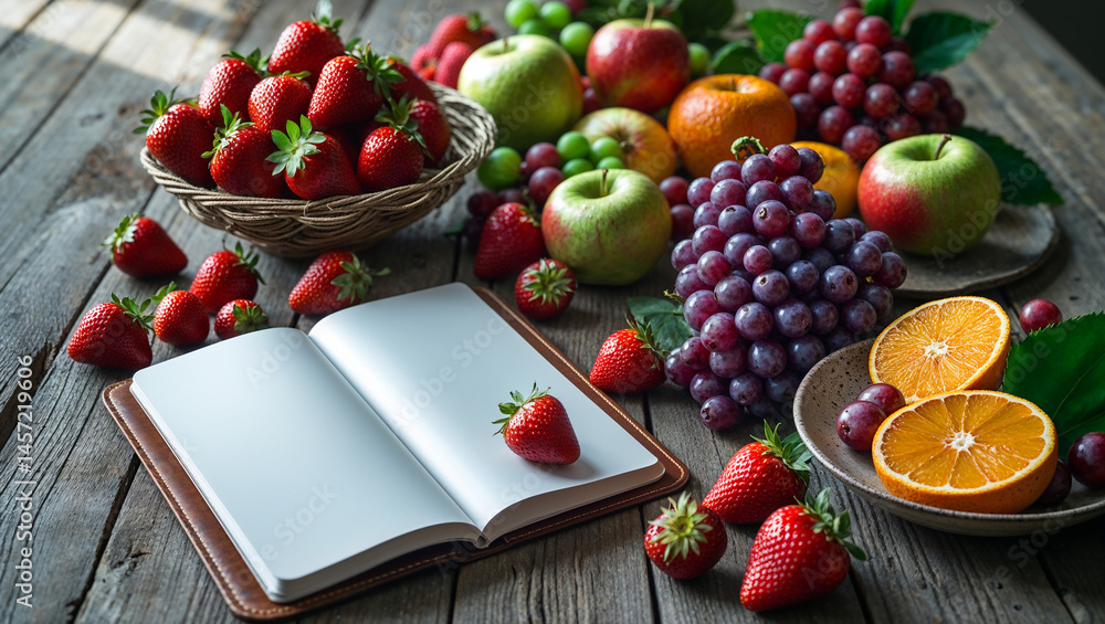 empty notebook, different fruits on the table