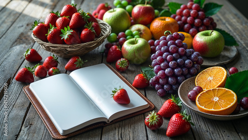 Obraz na płótnie empty notebook, different fruits on the table w salonie