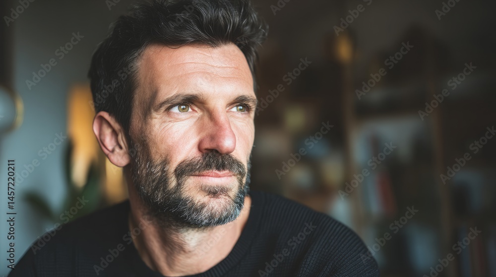 Obraz premium Happy man smiling at home, warm and relaxed vibe 