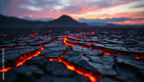 Shattered obsidian reveals crimson and orange veins against a dark volcanic landscape at twilight.