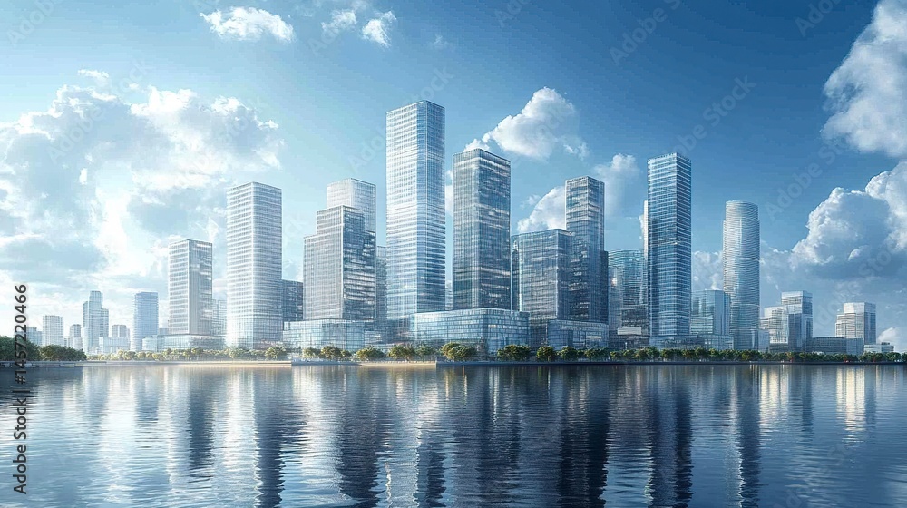 Naklejka premium Wide view of a city skyline, modern glass facades and streamlined architecture portraying a hub of business and real estate success