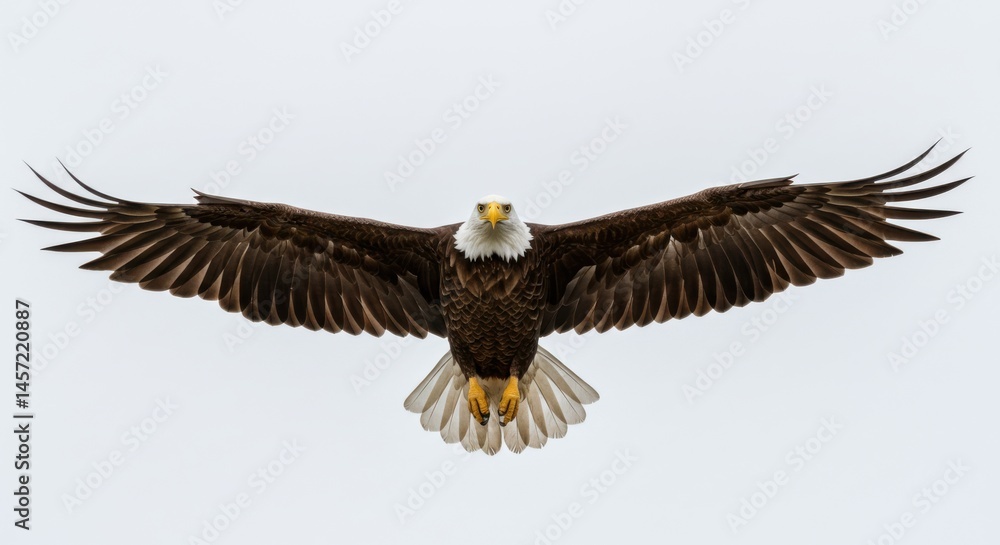 Fototapeta premium A bald eagle in flight with its wings spread wide against a clear white sky background outdoors