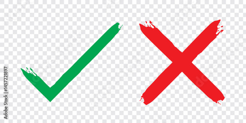 Check mark or tick mark and cross with brush signs, green check mark/OK and red X icons, symbols YES and NO button for vote, decision, election choice - vector