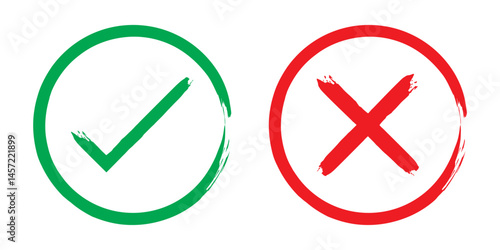 Check mark or tick mark and cross with brush signs, green check mark/OK and red X icons, symbols YES and NO button for vote, decision, election choice - vector