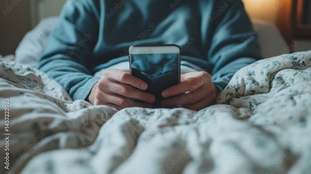 Young adult using smartphone in cozy bed environment Young adult using smartphone in cozy bed environment