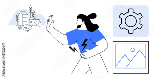 Woman in blue shirt refusing allergens thumbs up milk, fish, and gluten. Surrounding icons represent energy, functionality, and lifestyle. Ideal for health, wellness, energy allergy sustainability