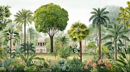 Fototapeta Naklejka Na Ścianę i Meble -  Mughal garden wallpaper design with palace plants and tropical watercolor background