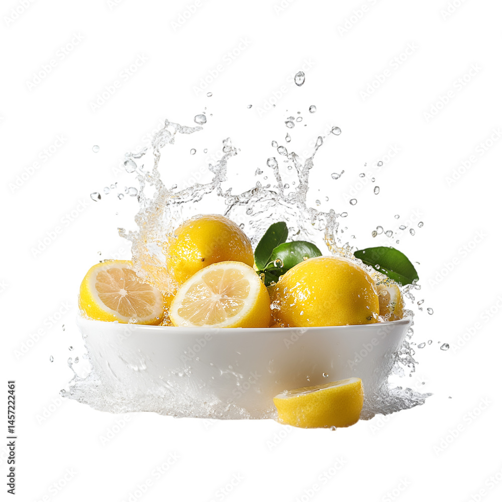Fresh Lemons in a Bowl Splashing Water Citrus Fruit Isolated on Transparent Background Cutout Element Fresh Lemons in a Bowl Splashing Water Citrus Fruit Isolated on Transparent Background Cutout Element