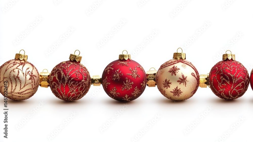 Red and gold christmas ornaments with intricate patterns against white background Red and gold christmas ornaments with intricate patterns against white background