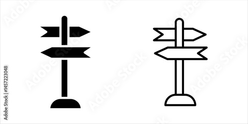 Vector line icon of a direction sign, typically represented by arrows pointing in multiple directions on a post. Symbolizes navigation, travel, guidance, location, or wayfinding. Commonly used in GPS 