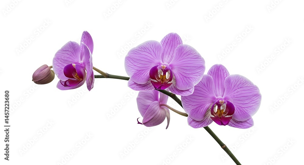 Obraz premium A stunning close-up of vibrant purple orchid flowers, isolated on a clean white backdrop.