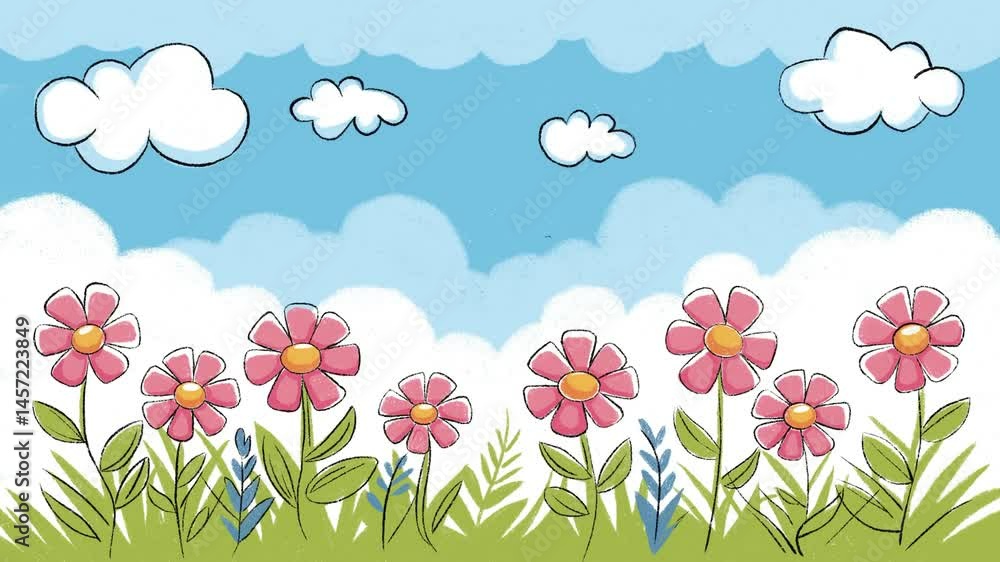 Hand-drawn meadows flowers and grass with space for text, motion background 