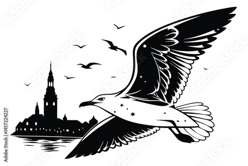 100 Surreal black and white illustration, silhouette of a seagull, double exposure, cityscape inside bird's body, full moon, church spire, flying birds, reflective water surface, starry sky, minimalis