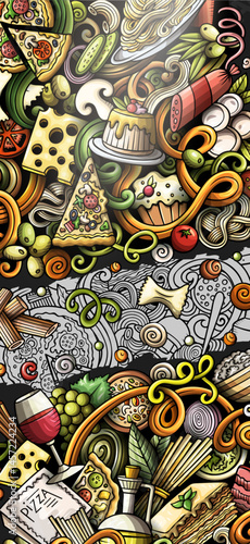 Italian food hand drawn doodle banner. Cartoon detailed flyer. Italy cuisine vertical background with objects and symbols.