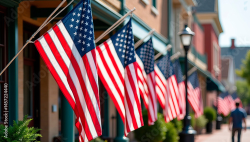 Colorful American flags line the street of a lively neighborhood on a bright day. The atmosphere is festive, as people stroll past, enjoying the holiday spirit and community feel.
