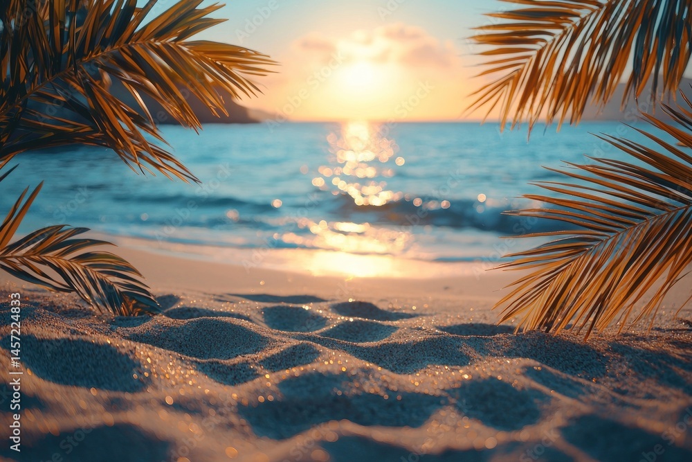 Tropical beach view framed by palm leaves and grass with turquoise ocean waves and distant mountains under blue sky Generative AI