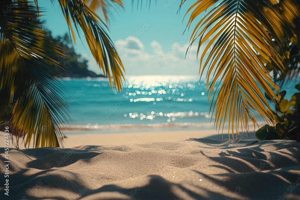 Tropical beach view framed by palm leaves and grass with turquoise ocean waves and distant mountains under blue sky Generative AI