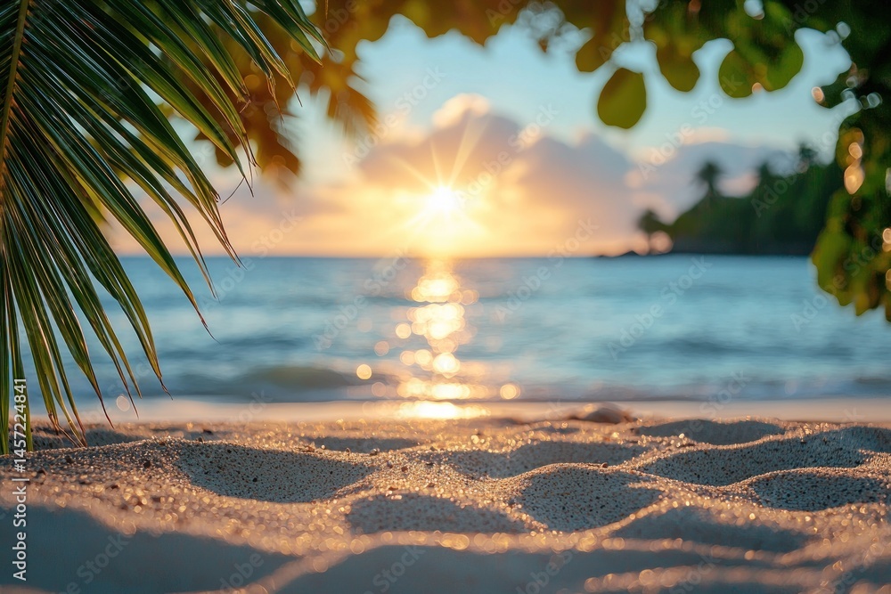 Tropical beach view framed by palm leaves and grass with turquoise ocean waves and distant mountains under blue sky Generative AI