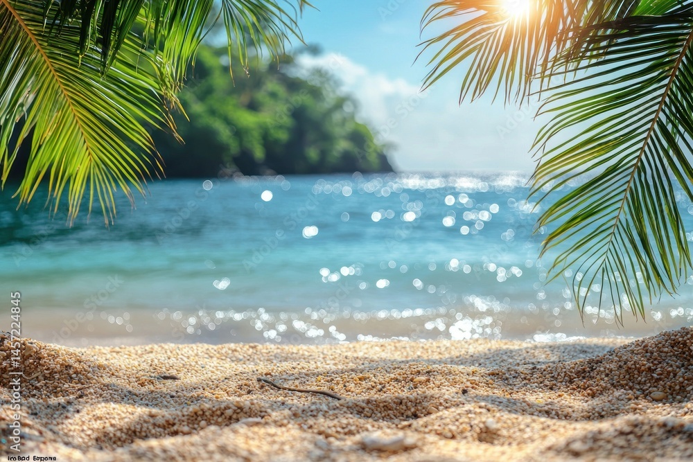 Tropical beach view framed by palm leaves and grass with turquoise ocean waves and distant mountains under blue sky Generative AI
